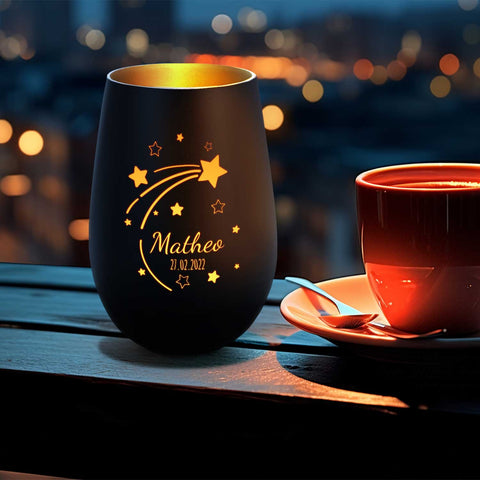 Deko Windlicht aus Glas mit Gravur - Sternschnuppe - Personalisiert mit Namen & Datum