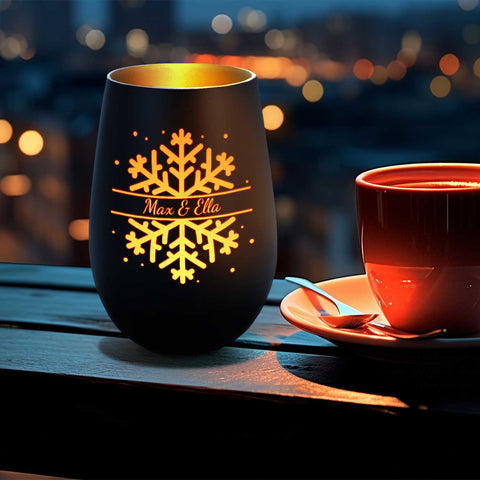 Deko Windlicht aus Glas mit Gravur - Schneeflocke - Personalisiert mit Namen - Geschenk zu Weihnacht