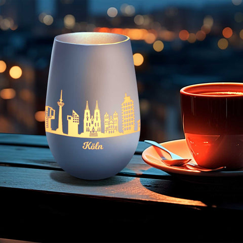 Deko Windlicht aus Glas mit Gravur - Skyline Köln