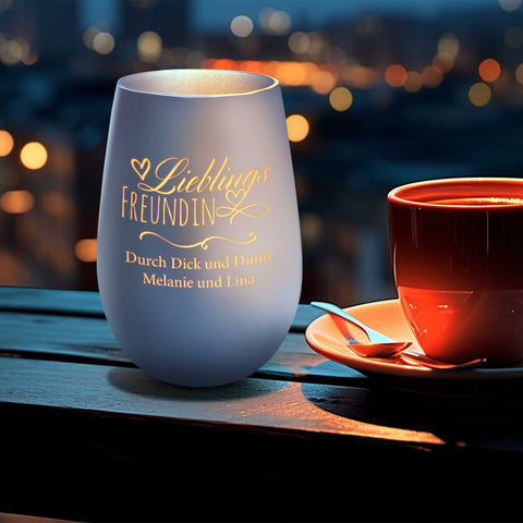 Deko Windlicht aus Glas mit Gravur - Lieblings Freundin - Personalisiert mit Namen