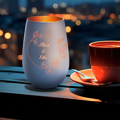 Deko Windlicht aus Glas mit Gravur - Nature Circle Flower - Personalisiert mit Namen
