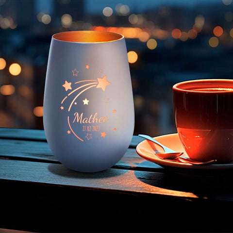 Deko Windlicht aus Glas mit Gravur - Sternschnuppe - Personalisiert mit Namen & Datum