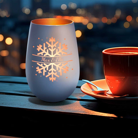 Deko Windlicht aus Glas mit Gravur - Schneeflocke - Personalisiert mit Namen - Geschenk zu Weihnacht