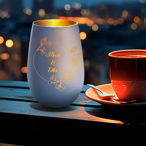 Deko Windlicht aus Glas mit Gravur - Nature Circle Flower - Personalisiert mit Namen
