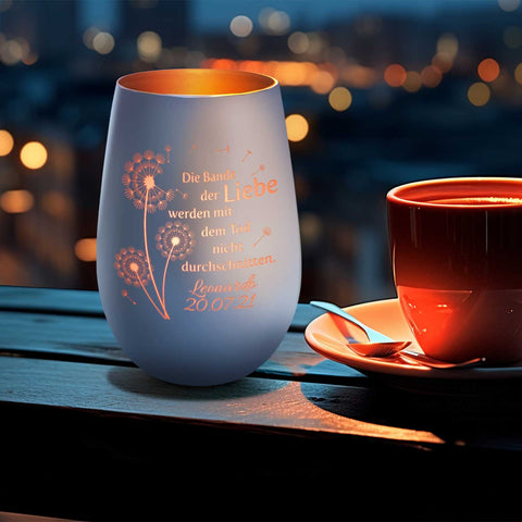 Deko Windlicht aus Glas mit Gravur - Pusteblumen - Personalisiert mit Namen & Datum