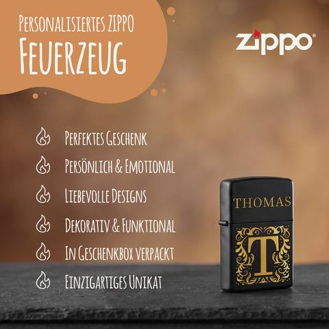 GRAVURZEILE x ZIPPO Personalisiertes Sturmfeuerzeug - Initalen - Windfest und Langlebig - Nachfüllbar