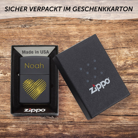 GRAVURZEILE x ZIPPO Personalisiertes Sturmfeuerzeug - Wunschtext & Icon - Windfest und Langlebig - Nachfüllbar