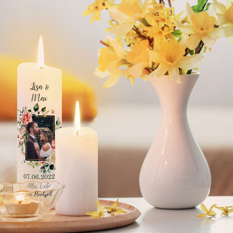 Große Kerze - "Hochzeitsfoto" - Hochzeitskerze mit Foto, Namen, Datum & Wunschtext