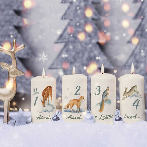 Kleine Kerzen - Advent Wintertiere Aquarell - Adventskerzen im 4er Set