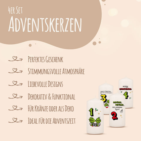 Kleine Kerzen "Advent Grinch" - Adventskerzen im 4er Set