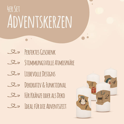 Kleine Kerzen "Advent Tiere Vintage" - Adventskerzen im 4er Set