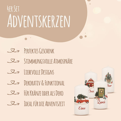 Kleine Kerzen "Advent Weihnachtsmotive" - Adventskerzen im 4er Set