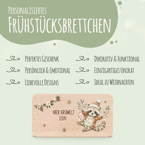 Frühstücksbrettchen zu Weihnachten - Waschbär - personalisiert mit Name