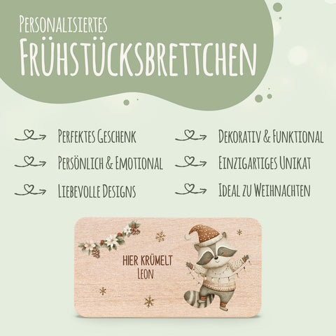 Frühstücksbrettchen zu Weihnachten - Waschbär - personalisiert mit Name