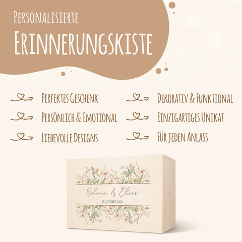 Erinnerungskiste mit UV-Druck im Blumenbanderole Design - Personalisiertes Geschenk zur Hochzeit