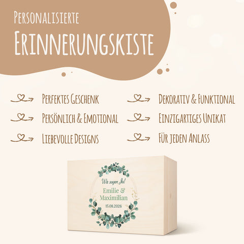 Erinnerungskiste mit UV-Druck im Eukalyptus Kreis Design - Personalisiertes Geschenk zur Hochzeit