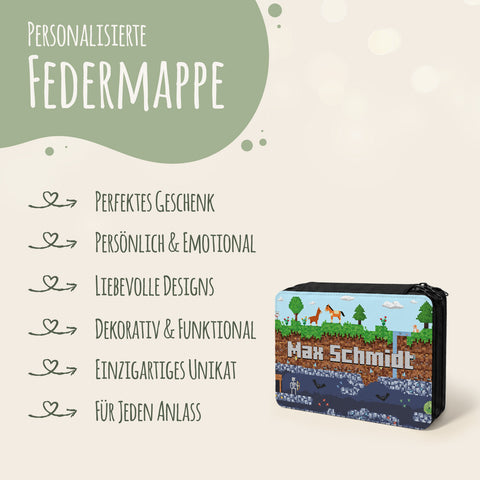 Bedruckte Federmappe für Kinder - Pixelerde - Personalisiert mit Name
