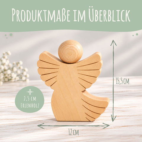 Holzengel – Maße: 15,5 cm hoch, 12 cm breit und 2,5 cm tief
