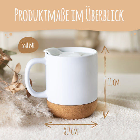 Bedruckte Tasse mit Korksockel & Deckel - Wunschtext V1
