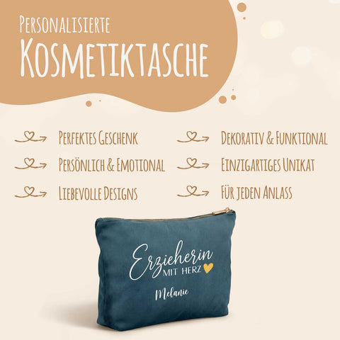 Personalisierte Samt Kosmetiktasche - Erzieherin mit Herz
