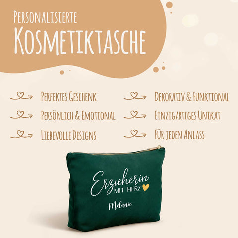 Personalisierte Samt Kosmetiktasche - Erzieherin mit Herz