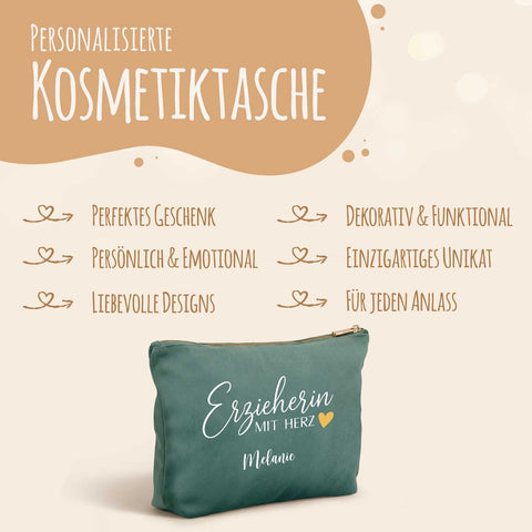 Personalisierte Samt Kosmetiktasche - Erzieherin mit Herz