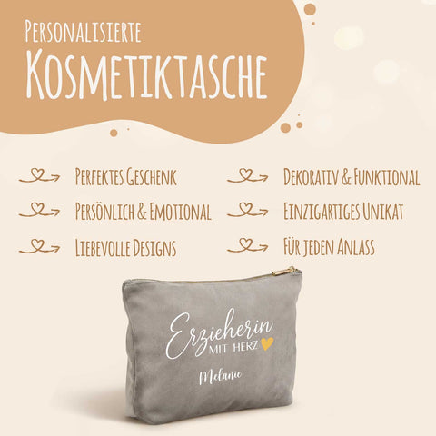 Personalisierte Samt Kosmetiktasche - Erzieherin mit Herz