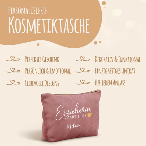 Personalisierte Samt Kosmetiktasche - Erzieherin mit Herz