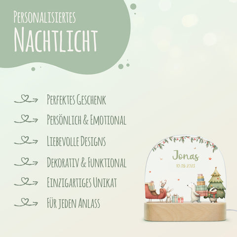 Kinder LED Nachtlicht mit Sockel aus Holz - "Eisbär Schlitten"