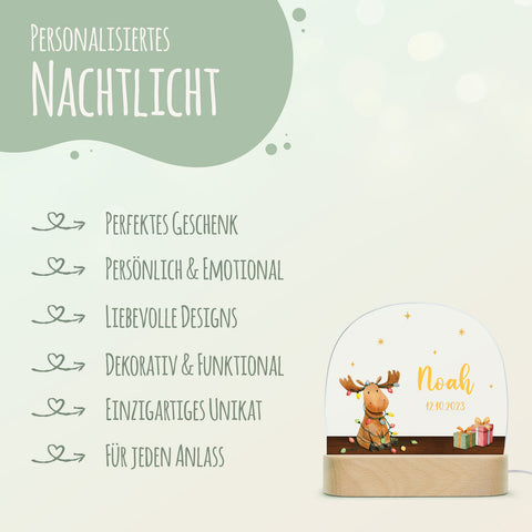 Kinder LED Nachtlicht mit Sockel aus Holz - "Hirsch Lichterkette"