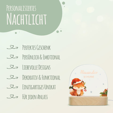 Kinder LED Nachtlicht mit Sockel aus Holz - "Weihnachtstiere"
