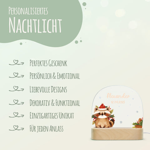 Kinder LED Nachtlicht mit Sockel aus Holz - "Weihnachtstiere"