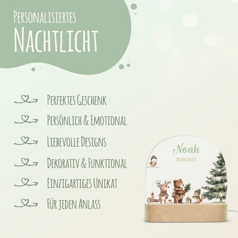 Kinder LED Nachtlicht mit Sockel aus Holz - "Weihnachtswald"