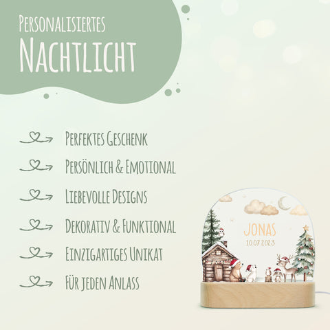 Kinder LED Nachtlicht mit Sockel aus Holz - "Winterhütte"