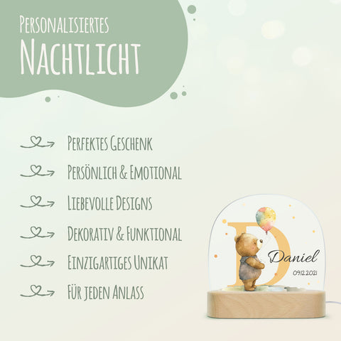 Kinder LED Nachtlicht mit Sockel aus Holz - "Initial Tiere" GRAVURZEILE – Bild 7