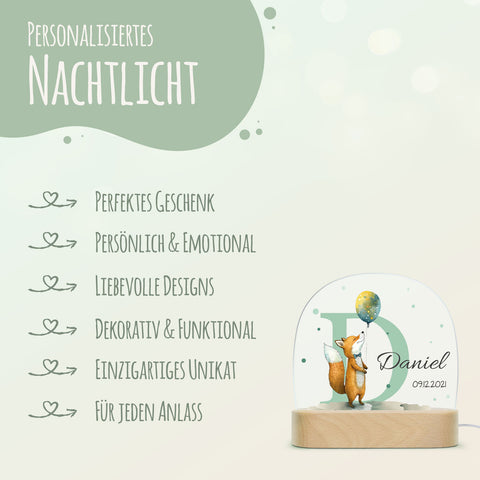Kinder LED Nachtlicht mit Sockel aus Holz - "Initial Tiere" GRAVURZEILE – Bild 12