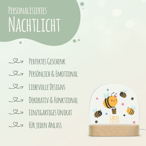 Kinder LED Nachtlicht mit Sockel aus Holz im Biene Design GRAVURZEILE – Bild 6