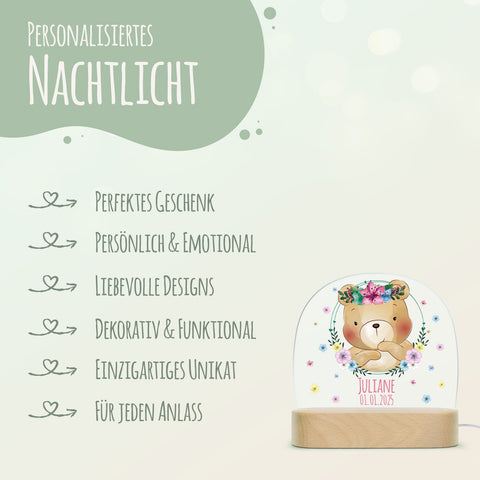Kinder LED Nachtlicht mit Sockel aus Holz - "Blumenkreis" GRAVURZEILE – Bild 37