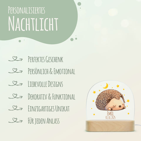 Kinder LED Nachtlicht mit Sockel aus Holz im Igel Design GRAVURZEILE – Bild 6