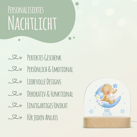 Kinder LED Nachtlicht mit Sockel aus Holz - "Mond Tiere" GRAVURZEILE – Bild 12