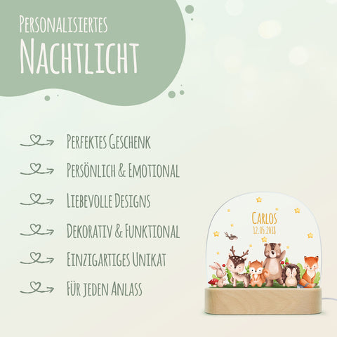Kinder LED Nachtlicht mit Sockel aus Holz - "Tiergruppe Waldtiere" GRAVURZEILE – Bild 6
