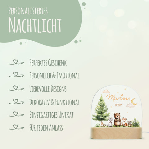 Kinder LED Nachtlicht mit Sockel aus Holz - "Waldfreunde" GRAVURZEILE – Bild 6