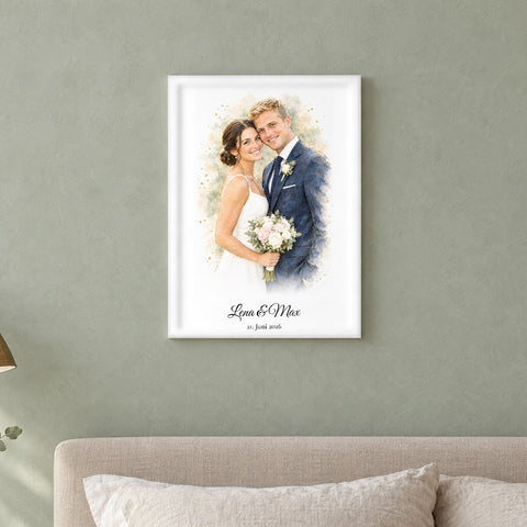 Hochzeitsfoto als Aquarell-Poster im weißen Rahmen