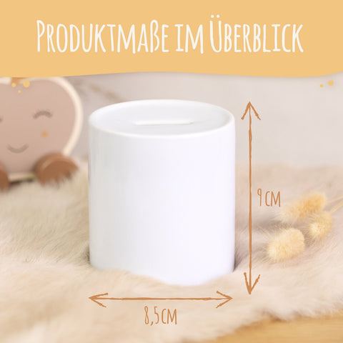 Maße der Keramik-Spardose: Durchmesser 8 cm, Höhe 9,5 cm