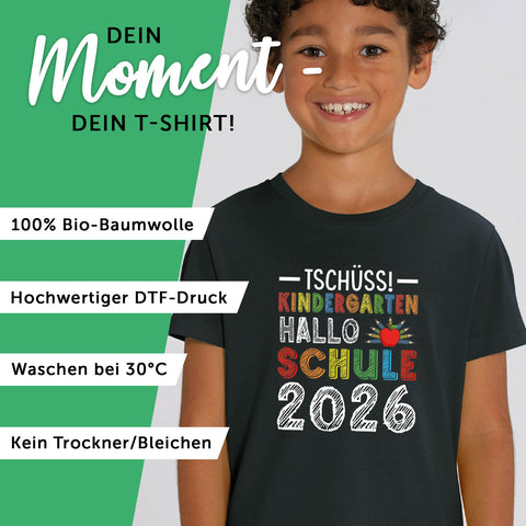 Bedrucktes T-Shirt für Kinder - Tschüss Kindergarten, Hallo Schule