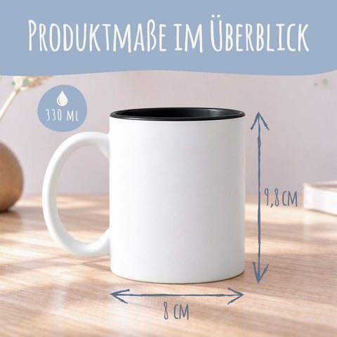 Maße der weißen Tasse mit Gravur: 330 ml, 9,8 cm hoch, 8 cm Durchmesser