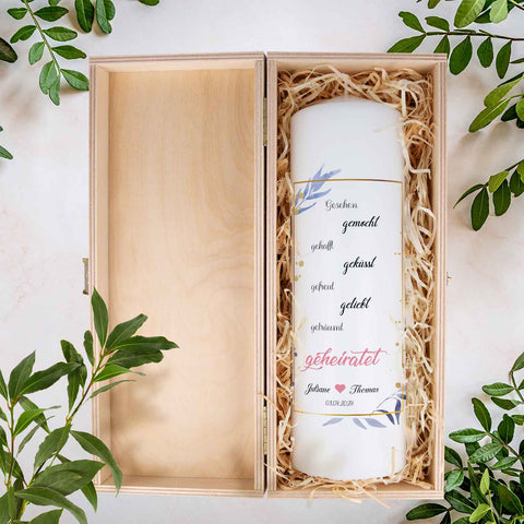 Große Kerze "Gesehen gemocht gehofft" Hochzeitskerze mit Namen, Datum und Wunschtext