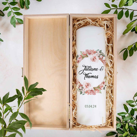 Große Kerze "Floral White" - Hochzeitskerze mit Namen, Datum & Wunschtext