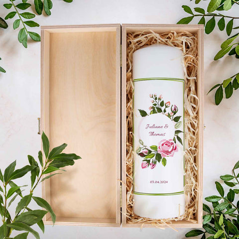 Große Kerze "Green Flower" - Hochzeitskerze mit Namen, Datum & Wunschtext