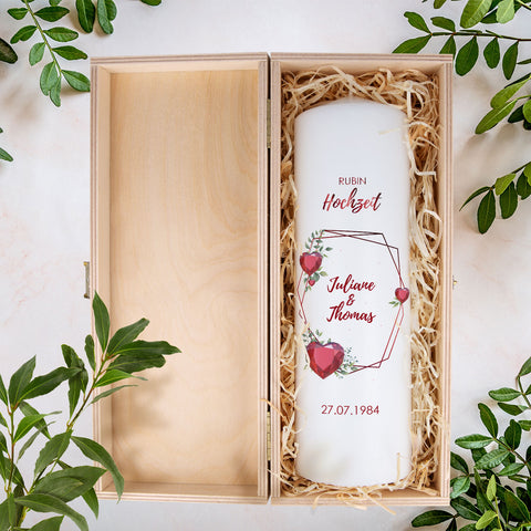 Große Kerze "Rubinhochzeit" - Hochzeitskerze mit Namen, Datum & Wunschtext